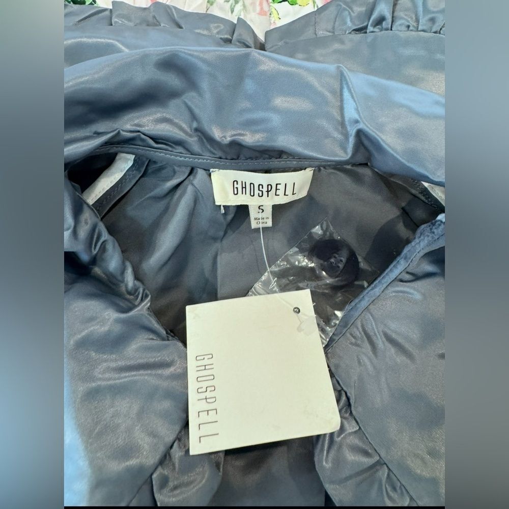 NWT GOSPELL Oversized Longline Coat Blue Satin Finish Chic Minimalist Luxury - Picture 7 of 7